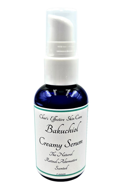 Creamy Bakuchiol Serum the Natural Retinol Alternative(3%)/Scented Option/with Niacinamide,Centella Asiatica and White Tea Extracts/All Skin Types/ Blue 2 ounce bottle with treatment pump/Char's Effective Skin Care