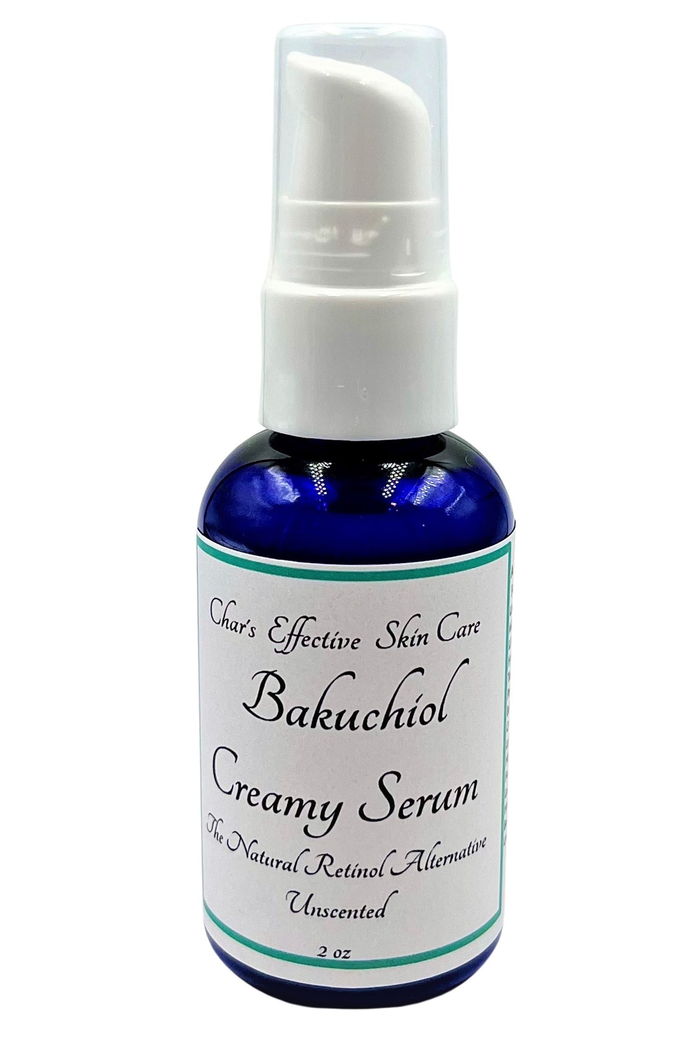 Creamy Bakuchiol Serum the Natural Retinol Alternative(3%)/UNSCENTED option/with Niacinamide,Centella Asiatica and White Tea Extracts/All Skin Types/ Blue 2 ounce bottle with treatment pump/Char's Effective Skin Care