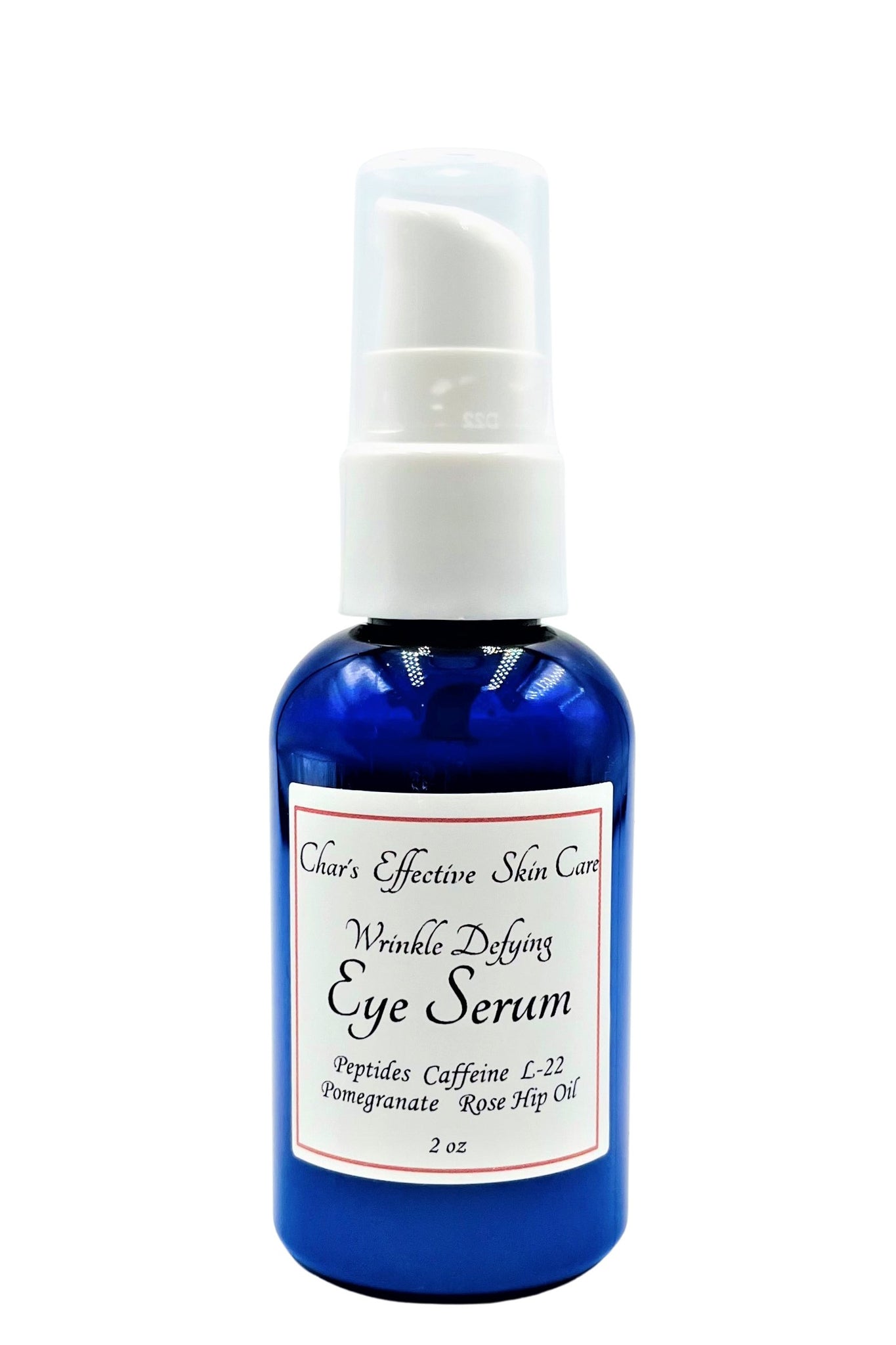 Wrinkle Fighting Eye Serum with Caffeine, Pomegranate & Matrixyl 3000 Peptide/2 oz Blue Bottle with White Treatment Pump/Char's Effectives Skin Care