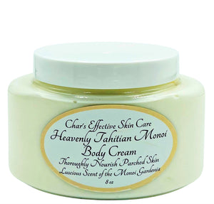 Heavenly Tahitian Monoi Body Cream/ 8 oz Clear Jar with white top/ Rich and Silky Body Cream made from the Polynesian tradition of Monoi coconut oil with the natural steeping of Tiare Gardenias /Char's Effectives