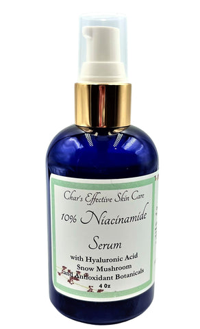 10% Niacinamide Serum/with Hyaluronic and Antioxidant Botanicals/For All skin types, Anti-aging, Shrinking Pores/4oz Blue Bottle with gold and white Treatment Pump/Char's Effective Skin Care