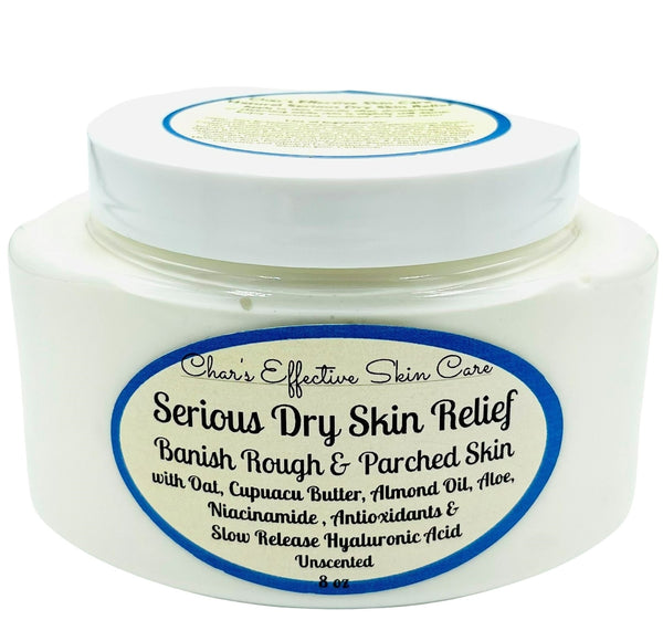 Natural Dry Skin Cream for Serious Relief with Oat, Aloe, Almond & Cupuacu Butter/ Clear 9.5 oz Low profile jar/Substantial Cream/Vegan/Char's Effective Skin Care