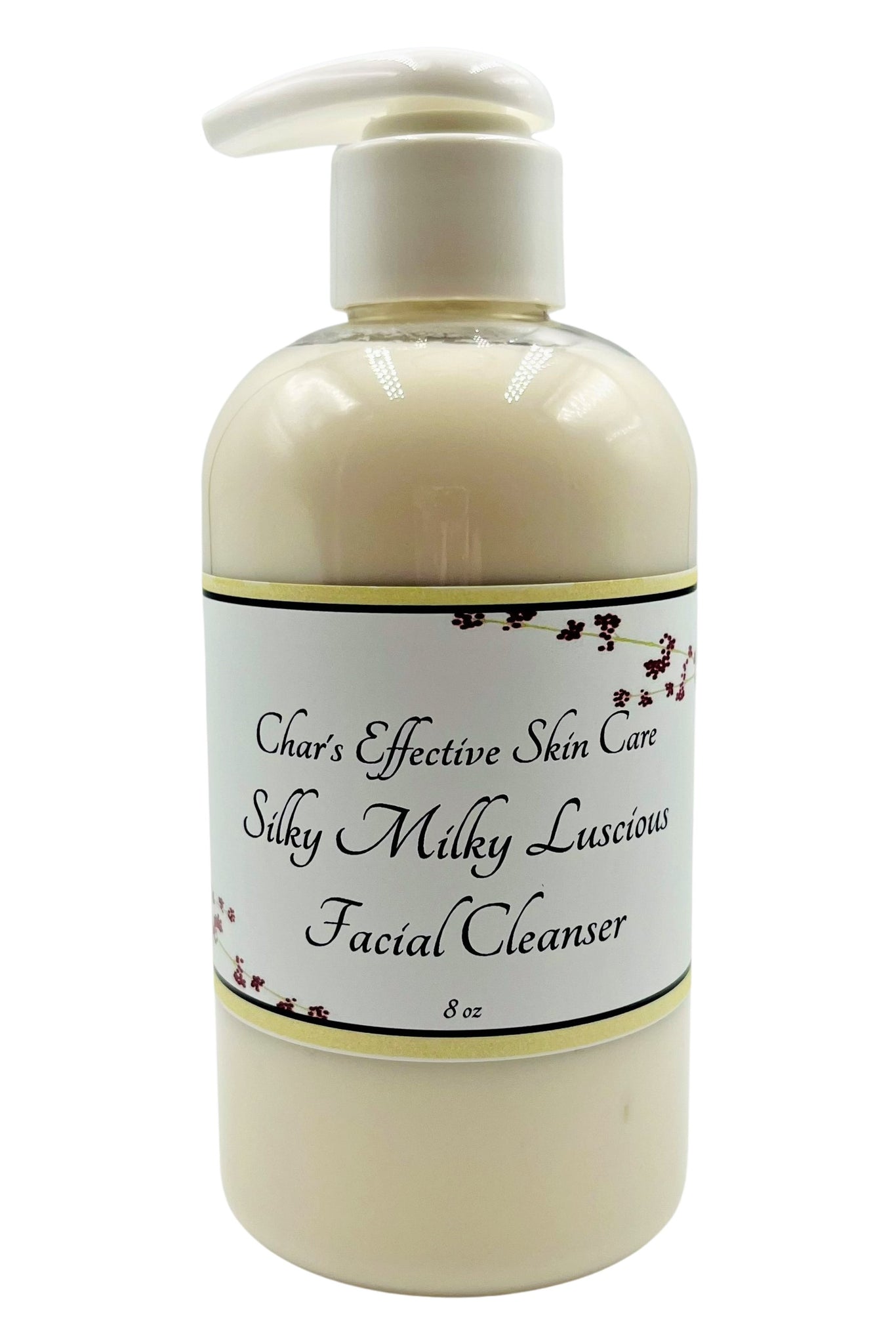 Luscious Silky Milk Facial Cleanser/ 8 ounce Clear Bottle with White Pump/ A Creamy Facial Cleanser For all Skin Types/Gentle/Char's Effectives Skin Care