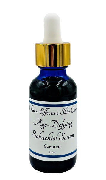 Age Defying Bakuchiol Serum for normal to dry skin / with L22, Vitamin C, CoQ10, Buriti Oil/ Scented Option/ 1 oz blue glass bottle with gold and white top dropper/ skin nourishing/Char's Effective Skin Care