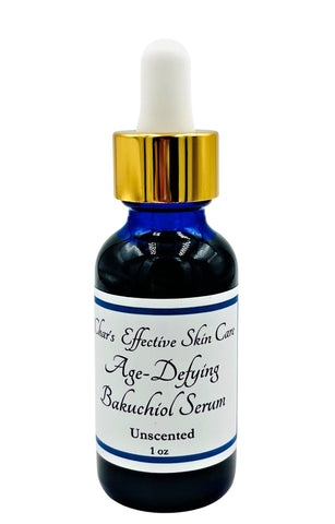 Age Defying Bakuchiol Serum for normal to dry skin / with L22, Vitamin C, CoQ10, Buriti Oil/Unscented Option/ 1 oz blue glass bottle with gold and white top dropper/ skin nourishing/Char's Effective Skin Care